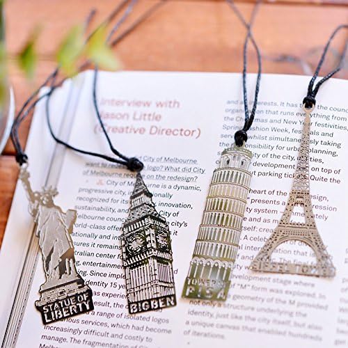 YHNHKA Metal Bookmarks with Leather String, Retro Building Design, 4 PCS