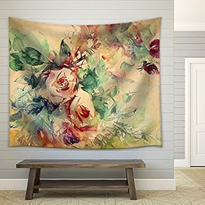Watercolor Roses Painted on Beige Tone Paper - Fabric Wall Tapestry Home Decor - 51x60 inches