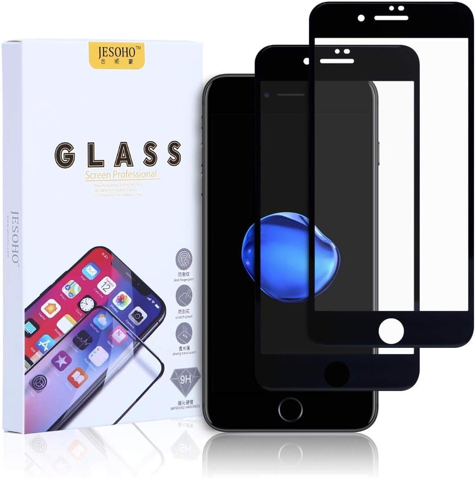 JESOHO Tempered Glass Screen Protector for iPhone 7 & 8 Black (2 Packs), 3D Edge,Edge to Edge,Full Coverage, 3D Touch, HD Clear Film, 9H Hardness, Anti-Scratches, Anti-Fingerprint