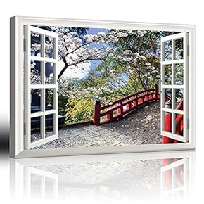 Modern White Window Looking Out Into a Red Bridge Surrounded by Beautiful Trees - Canvas Art Home Art - 24x36 inches