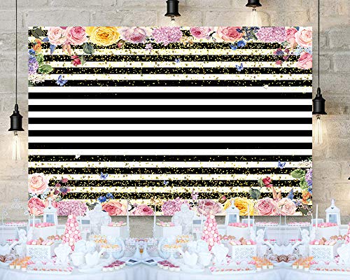 Mehofoto Black and White Stripes Backdrop God Dots Flower Floral Photography Background 7x5ft Ploy Cotton Wedding Birthday Party Decoration Banner Backdrops
