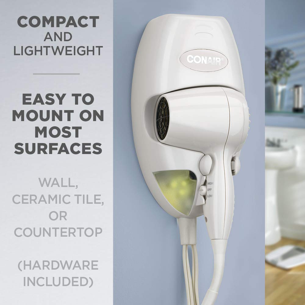 Conair 1600 Watt Wall-Mount Hair Dryer with LED Night Light, White: Beauty