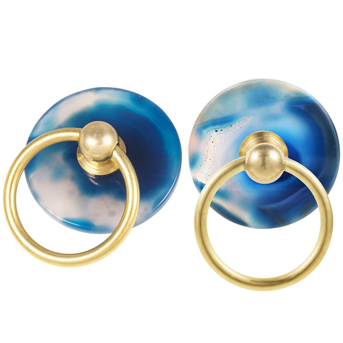 Nupuyai 2pcs Round Stone Blue Agate Slice Cabinet Knobs Set, Vintage Drawer Ring Pull Handle Knob for Dresser Wardrobe Decorative