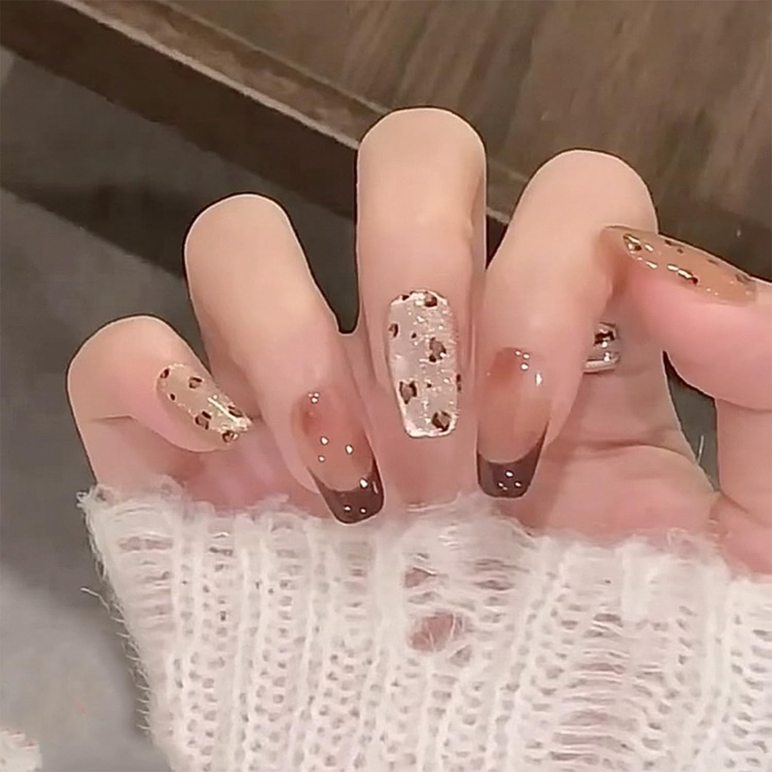 Transparent Brown Leopard Print Glitter Coffin False Nails - Long Square Tip Press On Glamorous Acrylic Manicure For Women With Golden Sparkles And Dark Brown Ombre Design For Party And Special