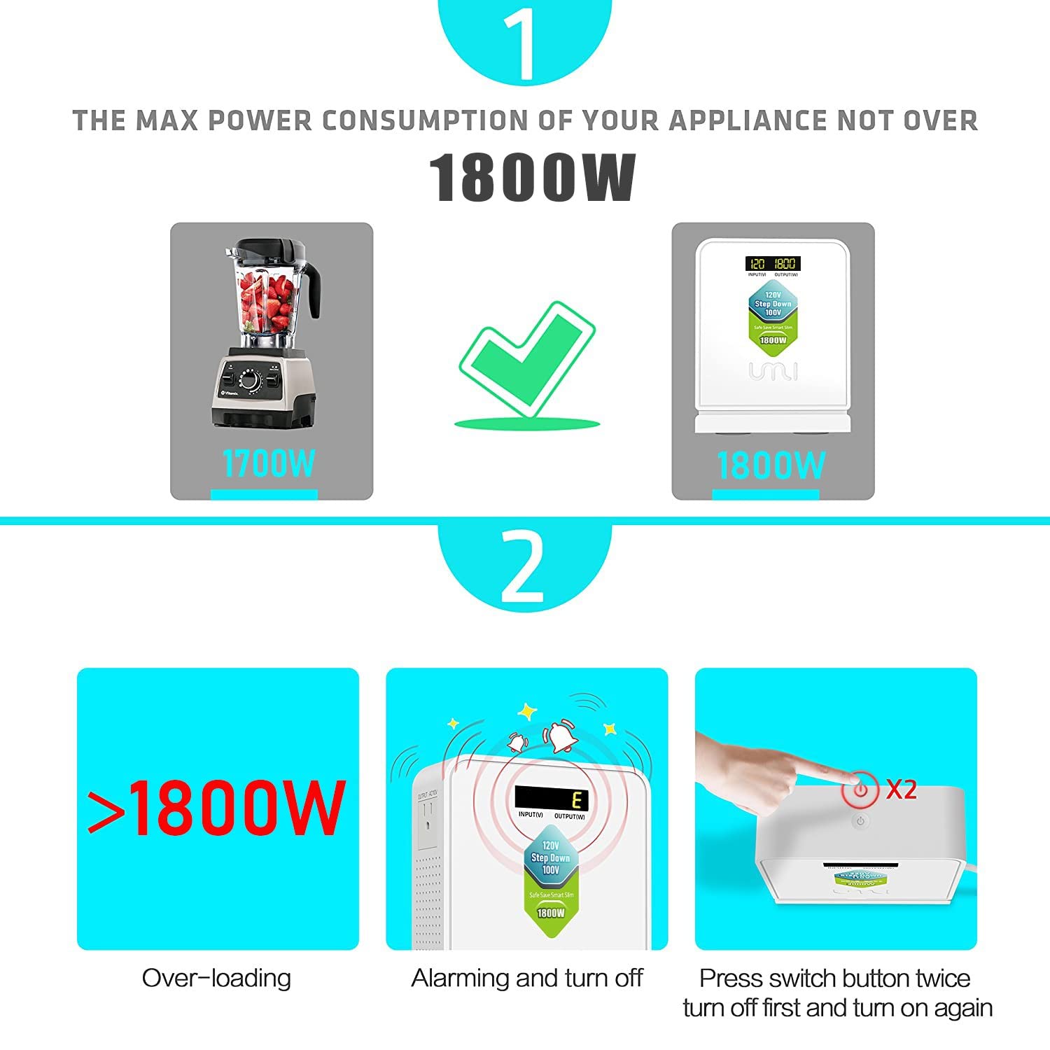 UMI 1800 Watt Voltage Converter Transformer - Heavy Duty Step Down AC 120V to 100V Power Converter - for Japan Appliances Use in US Canada Mexico – CE Certified [3-Year Warranty]