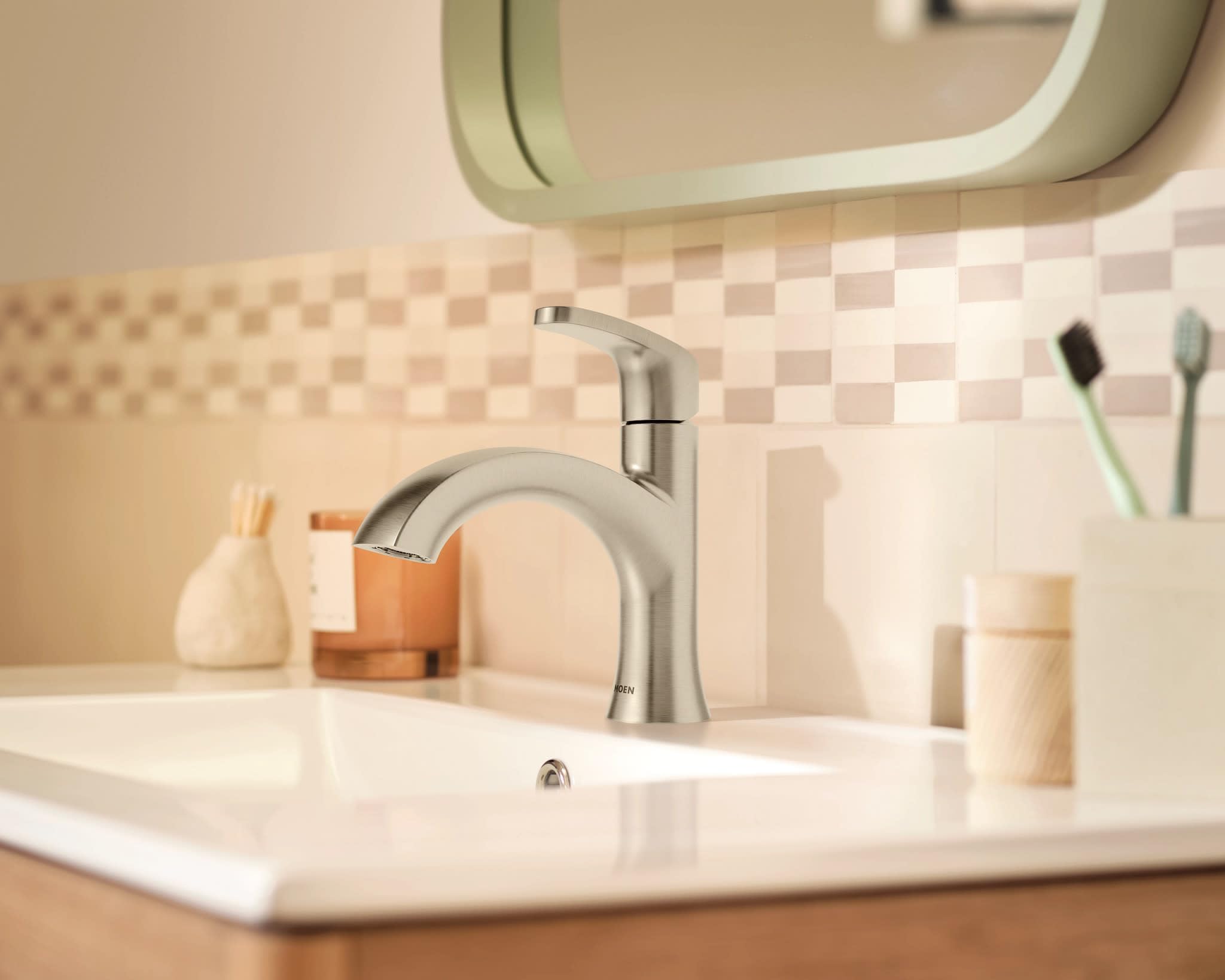 Moen 84346SRN Karis Spot Resist Brushed Nickel One-Handle Single Hole Bathroom Sink Faucet with Optional Deck Plate