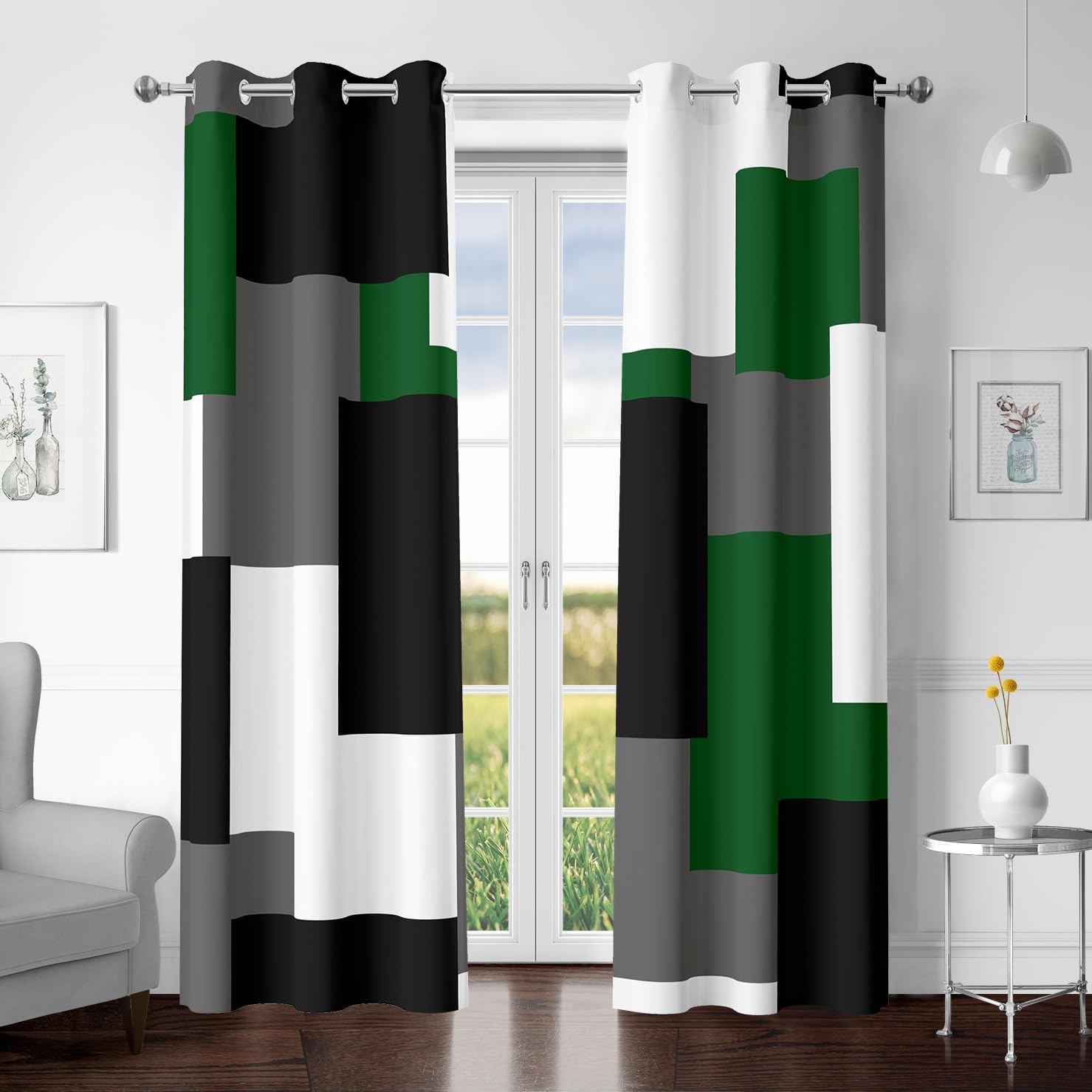 Tyrot Green 100% Blackout Curtains for Bedroom 96 inch Length 2 Panels Set White Grey Modern Abstract Geometric Black Out Curtains Insulated Room Darkening Window Drapes for Living Room, 42Wx96L