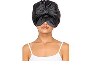 Vettres Double Layer Satin Bonnet with Eye Mask Adjustable Silk Sleep Cap Turban Style Hair Wrap for Curly Hair Black