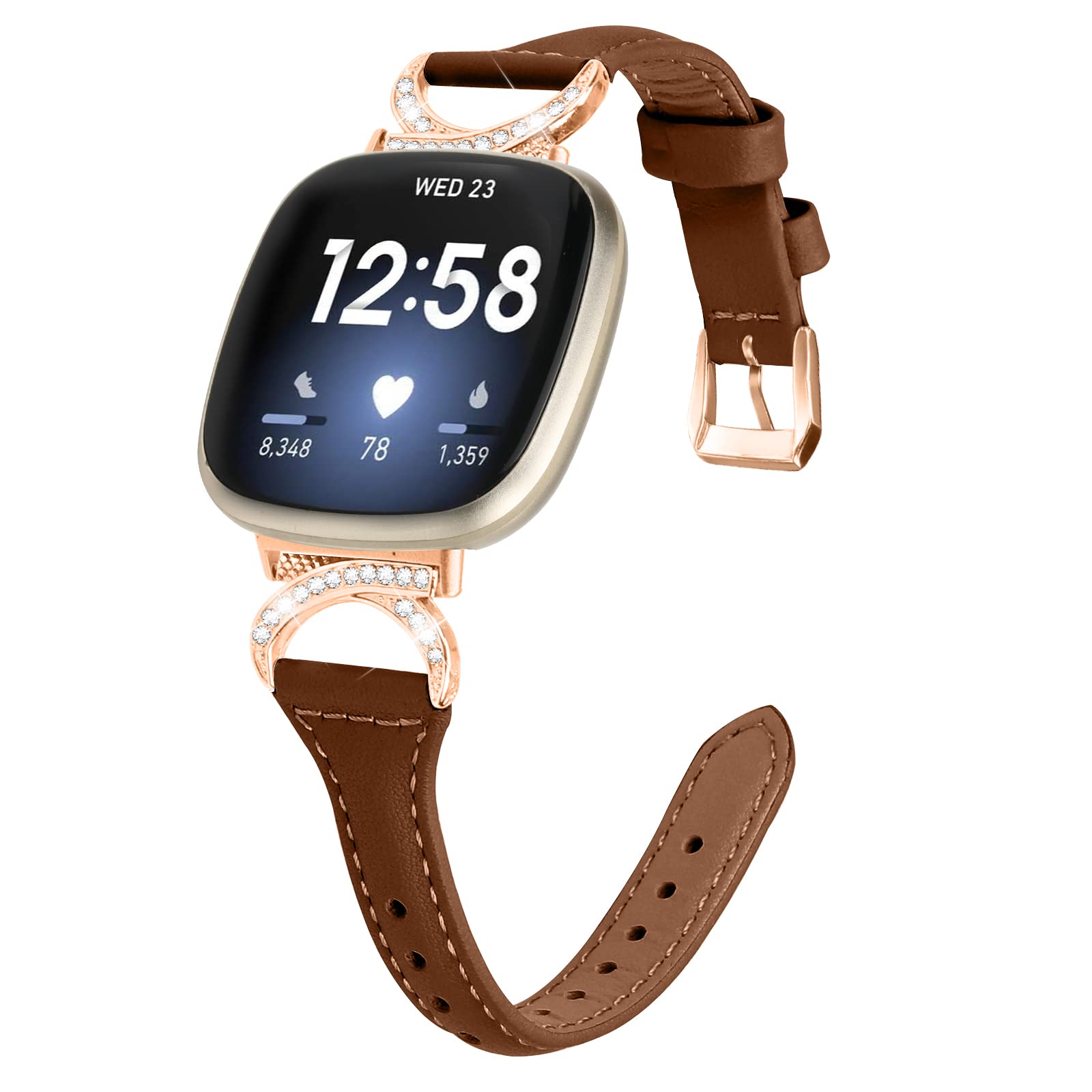 Gimuk Leather Strap Compatible with Fitbit Versa 4/Sense 2, Women's Genuine Leather Sport Band Metal Bling Rhinestone Replacement Wristband for Fitbit Versa 3/Sense (Brown/Rose Gold)