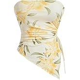 Milumia Women's Floral Print Strapless Tube Top Ruched Drawstring Asymmetrical Tank Tops
