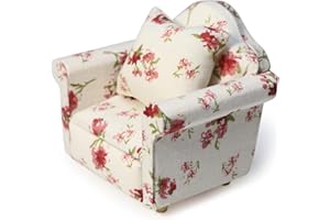 CUTEMINI Dollhouse Couch with Pillow 1 12 Scale Miniature Sofa Arm Chair Living Room Furniture Wooden Fabric Frame Single Reading Chair Artificial House Room Scene Decoration (White Floral)