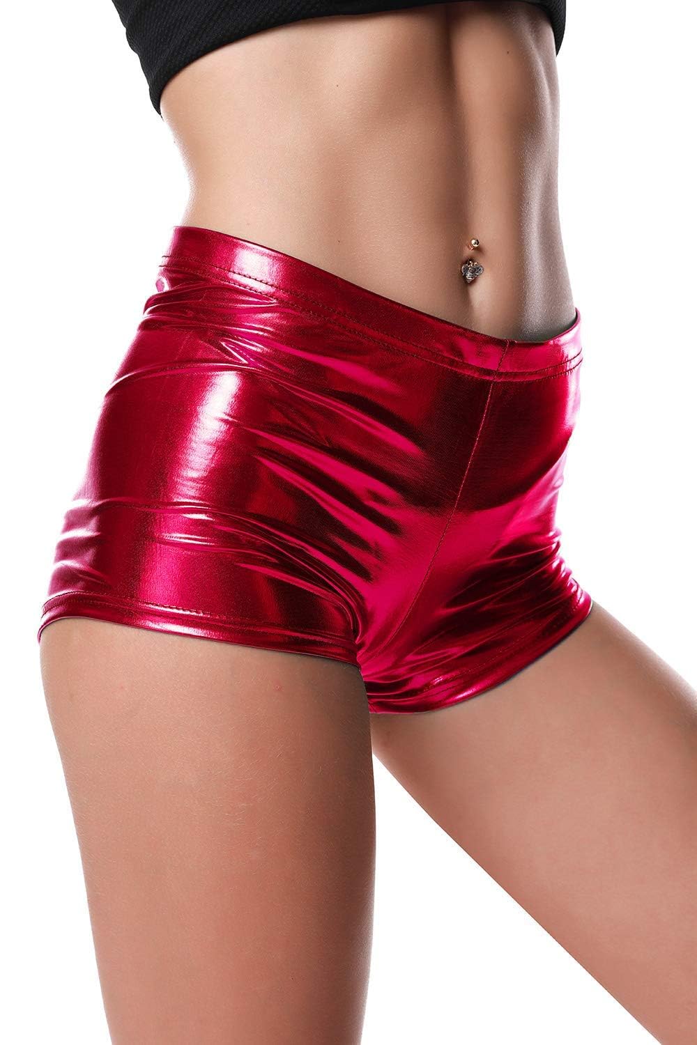 Photo 1 of Womens Metallic Rave Booty Shorts Faux Leather Shorts Shiny Hot Pants Bottoms for Dance Festival (Large, Red)