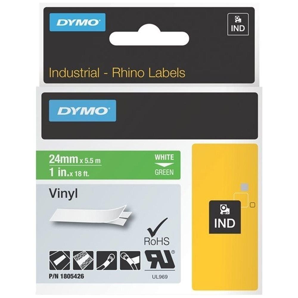 Dymo Rhino Industrial Labels Vinyl 24mm x 5.5m - White on Green