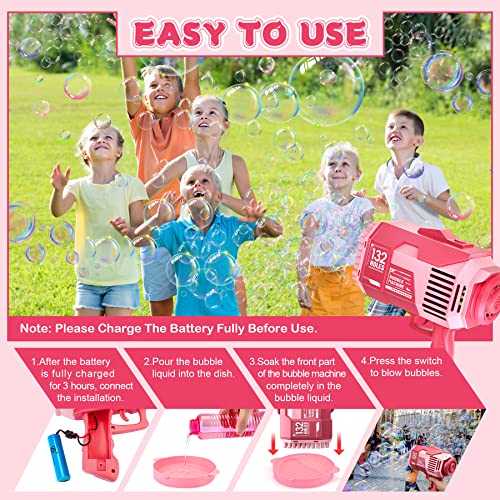 Bubble Machine Gun, Upgraded 132 Holes Bubble Gun with Lights/Bubble Solution, Bubble Maker for Kids Boys Girls Adults Outdoor Indoor Birthday Wedding Party Gifts,Pink