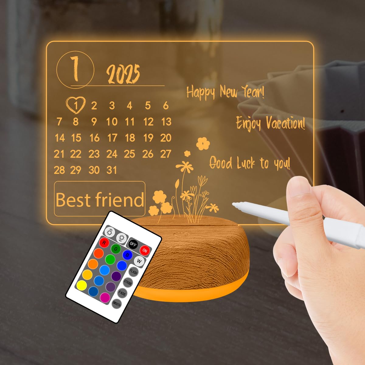 YATOSEEN 3D Illusion Lamp Calendar Memo,Luminous Acrylic Note Board, 16 Colors Light Night Light with Light Base Timer Remote Control Mood Light