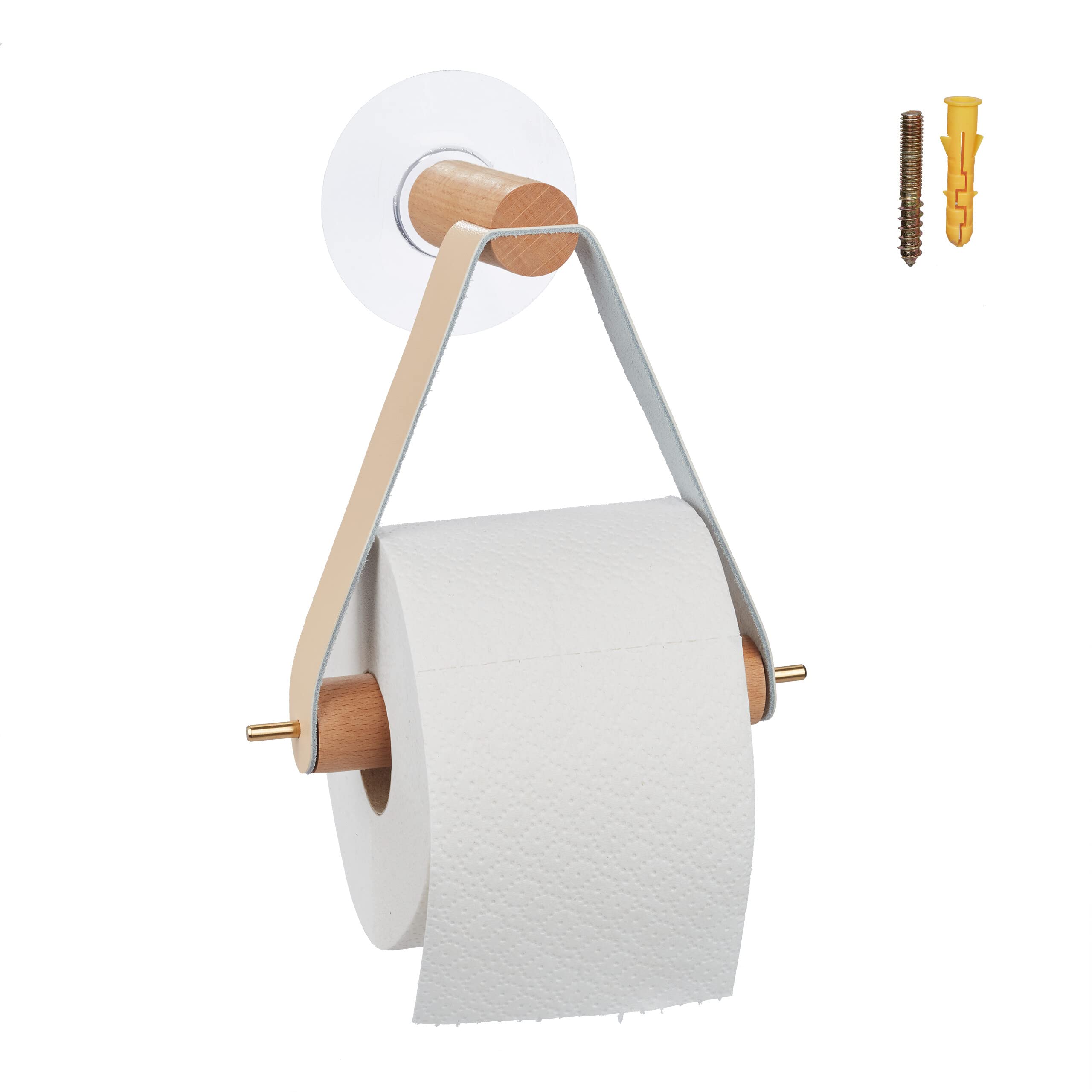 Relaxdays Toilet Paper Holder Wooden with Artificial Leather Band, Bathroom Roll, Modern, HxWxD: 18 x 18 x 8 cm, Natural, Wood