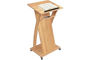 VERSSURE Wooden Podium Stand with Lockable Wheels, Mobile Lectern Pulpit with Storage Shelf for Church, Classroom, Office, and Conference Room (Oak)