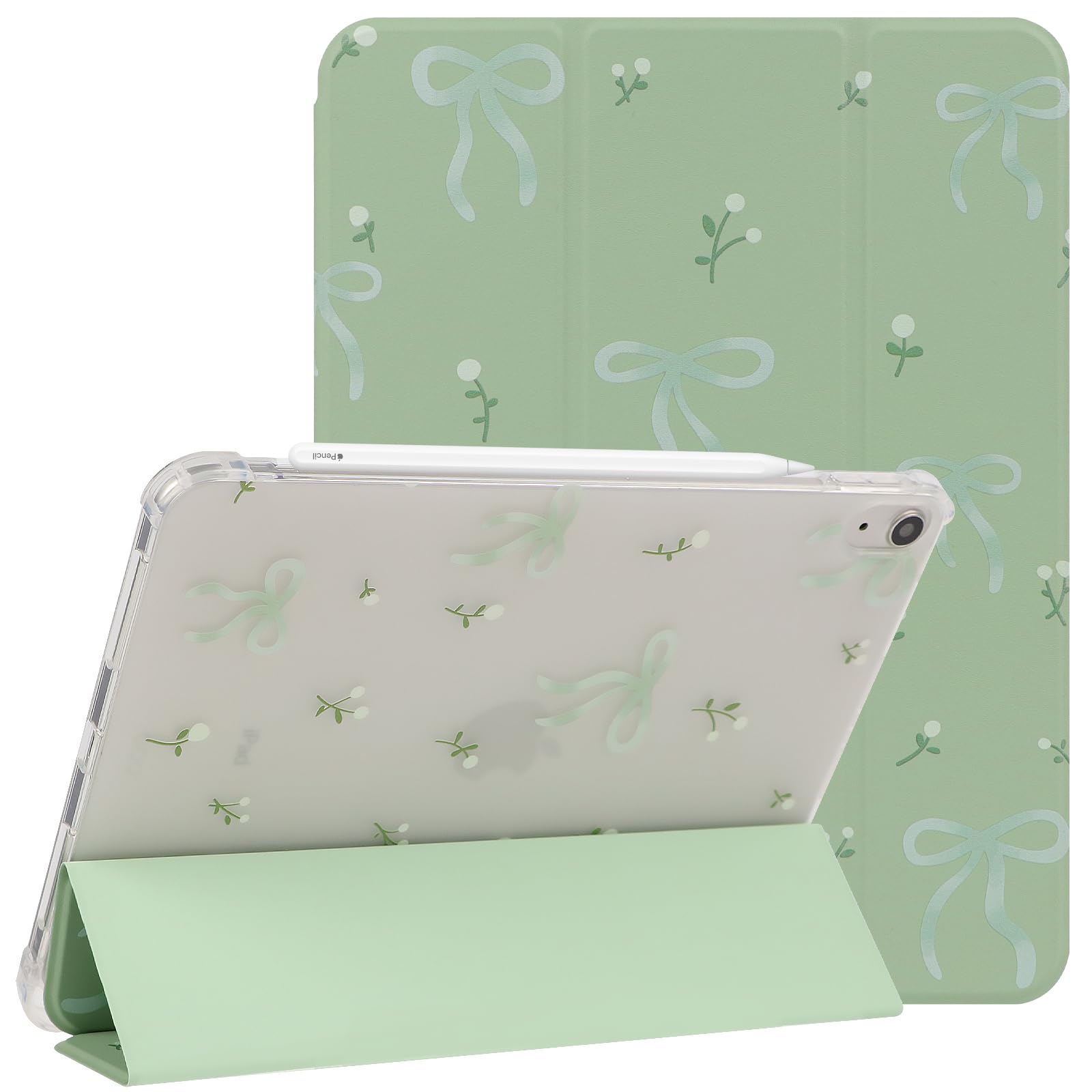 Photo 1 of Lovmooful Compatible for iPad Air 6th 11-inch M2 (2024),iPad Air 5/4 (2022/2020 5th/4th Generation 10.9-Inch) Case with Pencil Holder Cute Bowknot Flower Soft TPU Trifold Stand Protective-Green