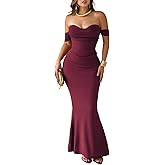 CurvySweet Women's Off The Shoulder Bodycon Corset Ruched Mesh Maxi Dress Built-in Bra Fall Cocktail Wedding Guest Dresses