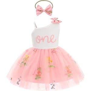 ODASDO Baby Girl 1st Birthday Dress, One Shoulder Tulle Tutu Princess Dresses with Bow, Cake Smash Party Photo Outfit