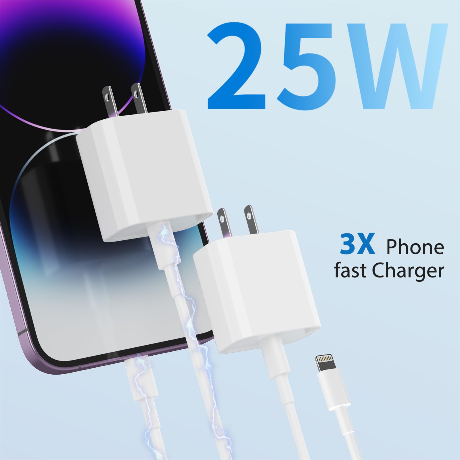 25W iPhone Charger, 2 Pack 25W PD USB C Wall Fast Charger Adapter with 2 Pack 10FT Long Type C to Lightning Cable Compatible with iPhone 14 13 12 11 Pro Max XR XS X,iPad