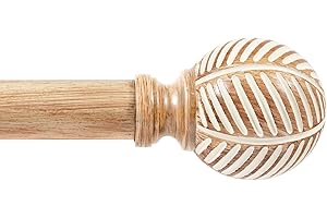 Zeerobee Wood Curtain Rods for Windows 48 to 84, 1 Inch Heavy Duty Drapery Rods with Imitation Wood Grain Leaf Pattern Finials, Indoor/Outdoor Modern Curtain Pole, 32"-86", Brown