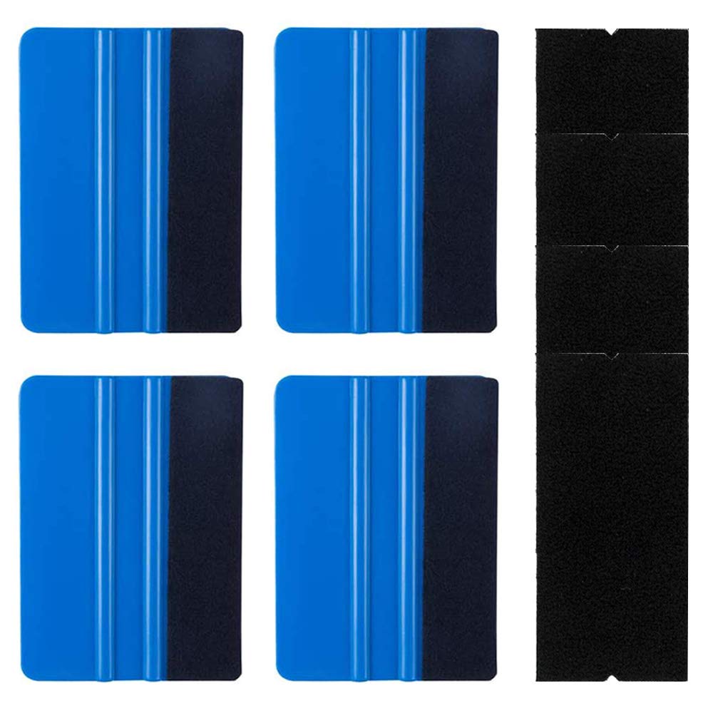 Aiqeer Car Felt Edge Squeegee Kit, Vinyl Wrap Tools Kit, 4 Pcs 4 Inch Felt Edge Scrapers, Car Scraper Decal Applicator Tools, with 4 Pcs Carbon Fabric Felt Edges