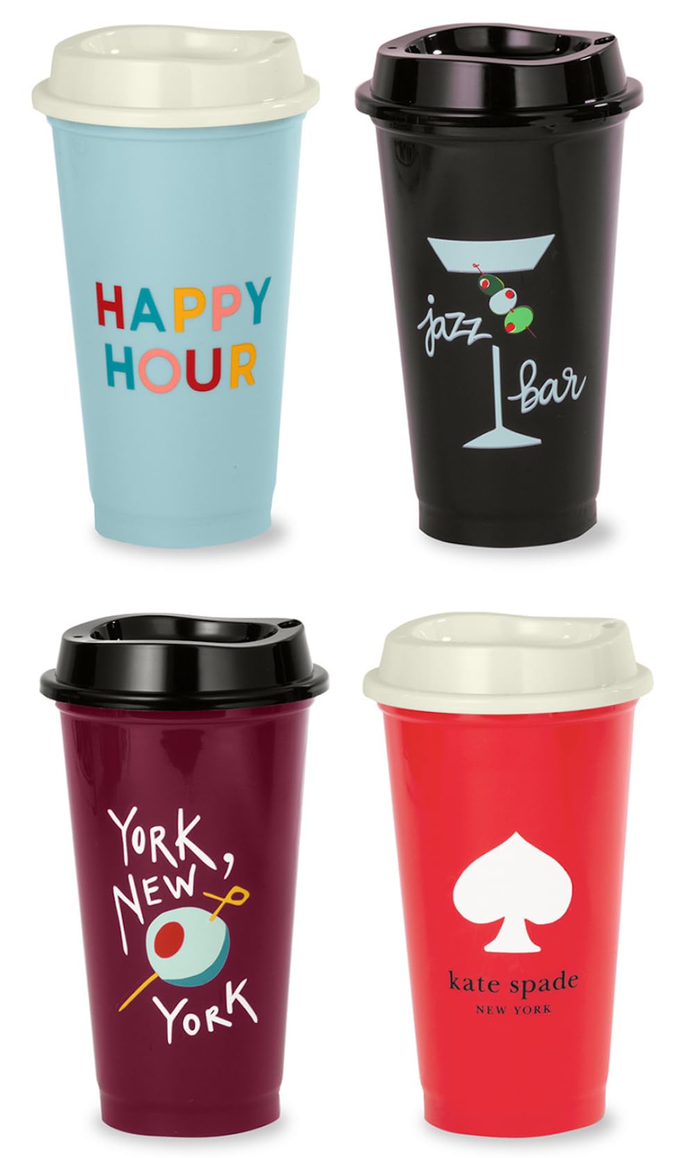 kate spade new york Reusable Coffee Cups with Lids, Travel Tumbler Set of 4, 16oz BPA-Free Plastic Cups with Lids, Coffee Mugs for Hot or Cold Drinks, Happy Hour