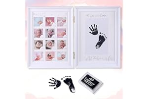 weallbuy Baby Picture Frame First Year, Baby Handprint and Footprint Kit with Ink Pad, 12 Month Milestones Baby Gift, Anniversary Growth Record Keepsake for Mom/Newborn (White Foldable)