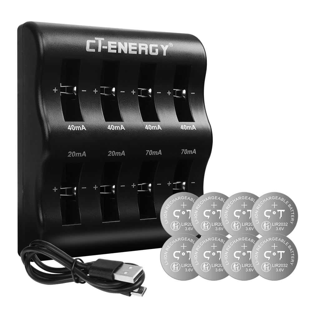 LIR2032 Lithium Coin Button Cells Battery Charger 8 Slots for 8 Pack 3.6V Rechargeable 2032 Batteries Replacing cr2032 Key Remote Airtag Battery