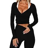 Womens Y2k Lace Sheer Mesh Crop Tops Long Sleeve Deep V Neck Cross Wrap Blouses Slim Fit Fairy Coquette T-Shirts
