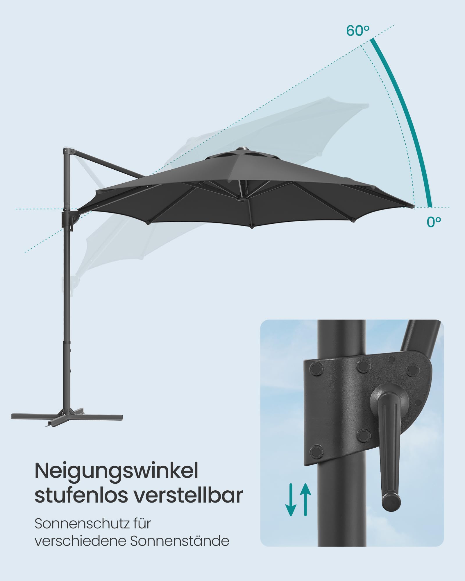 SONGMICS Sonnenschirm, Ampelschirm, 300 cm, UPF 50+, Gartenschirm, um 360° drehbar, Neigungswinkel stufenlos verstellbar, mit Kurbel, Kreuzfuß, grau GPU074G02 5