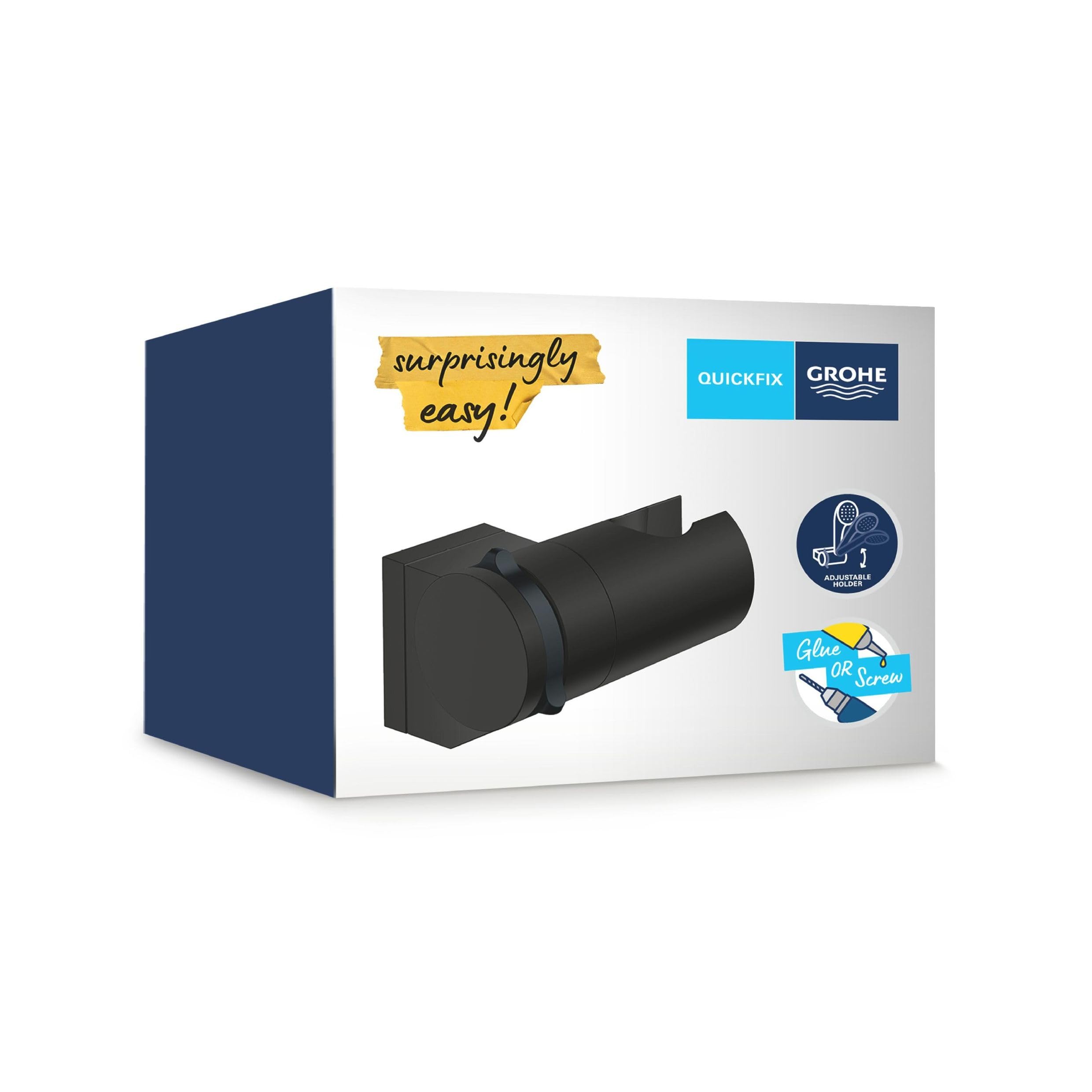 GROHE Vitalio Universal QuickFix - Adjustable Wall Holder for Hand Showers (Holding Force: Max. 20 kg, Including Screws and Dowels, Extra Easy to Fit with GROHE QuickGlue), Matt Black, 261832431