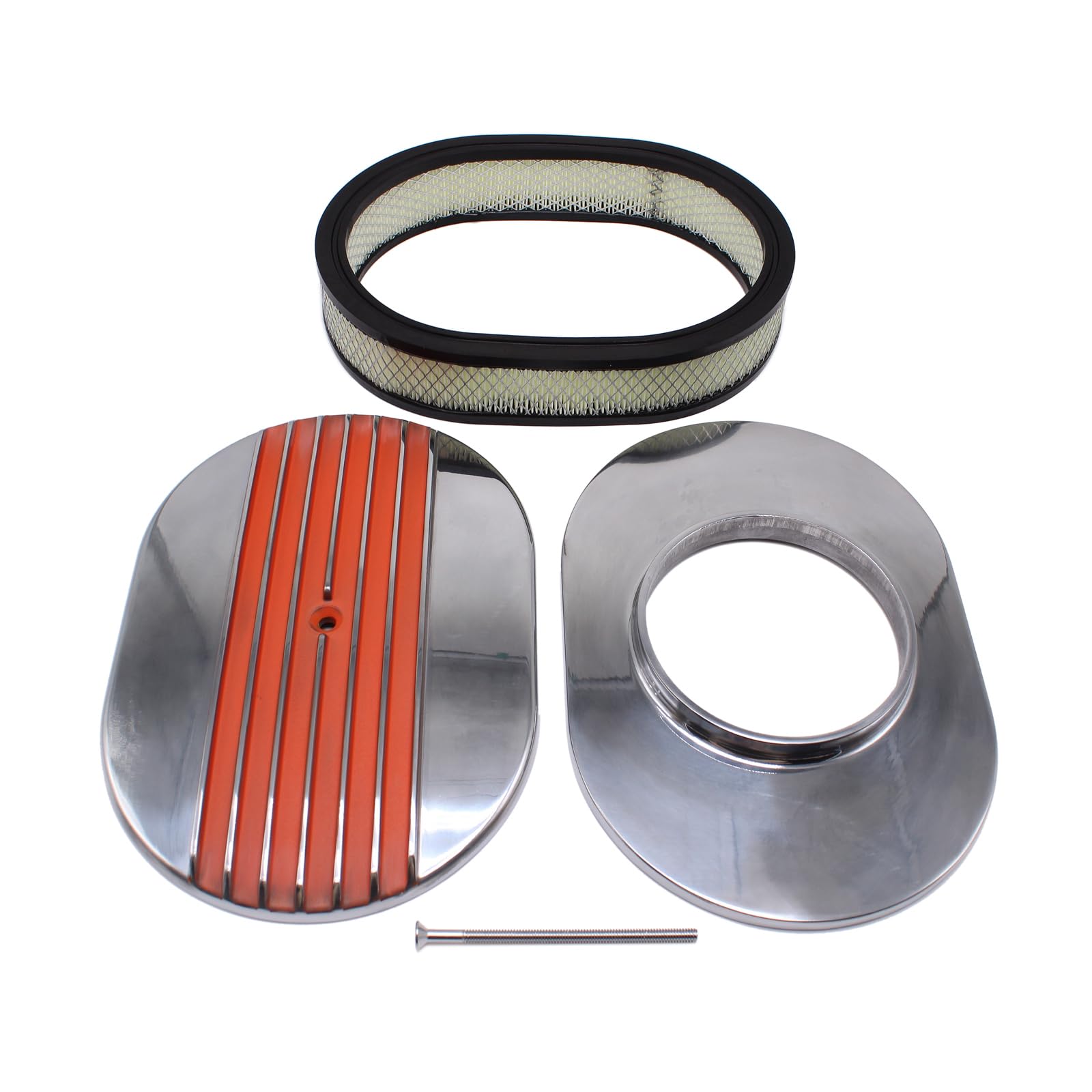 Photo 1 of Universal 12" x 2" Oval Half Finned Polished Orange Aluminum Classic Nostalgia Air Cleaner Assembly Compatible With Chevy GM Ford Hot Rod Rat Rod Muscle Car or Custom