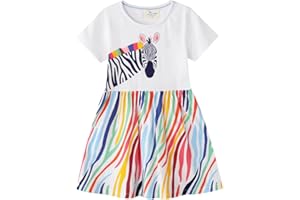 RETSUGO Little Girls A-Line Dress Cute Unicorn Rainbow Pattern Short Sleeve Casual Toddler Girl Dresses for Party 1-8 Years