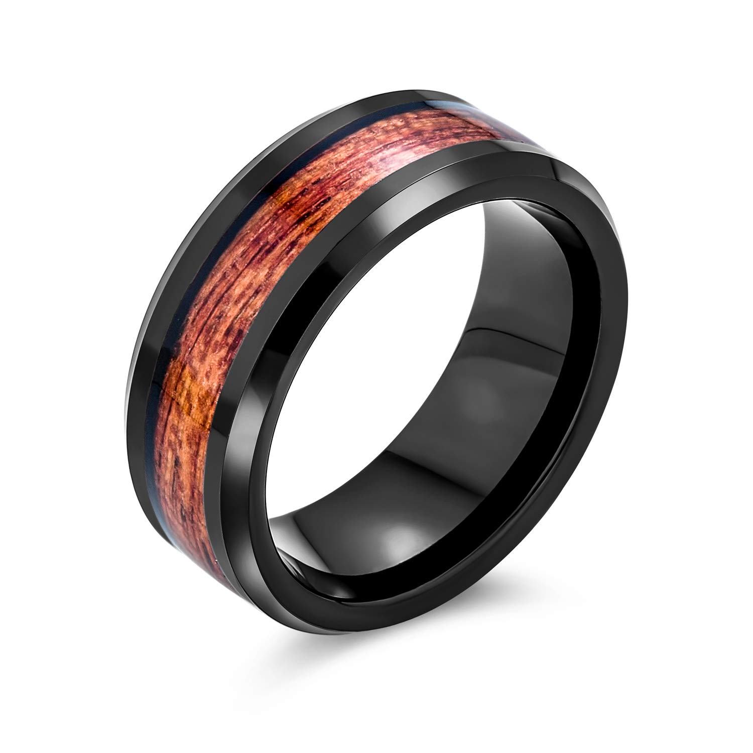 Bling Jewelry Koa Wood Inlay Black Titanium Wedding Band Rings For Men For Women Comfort Fit 8MM
