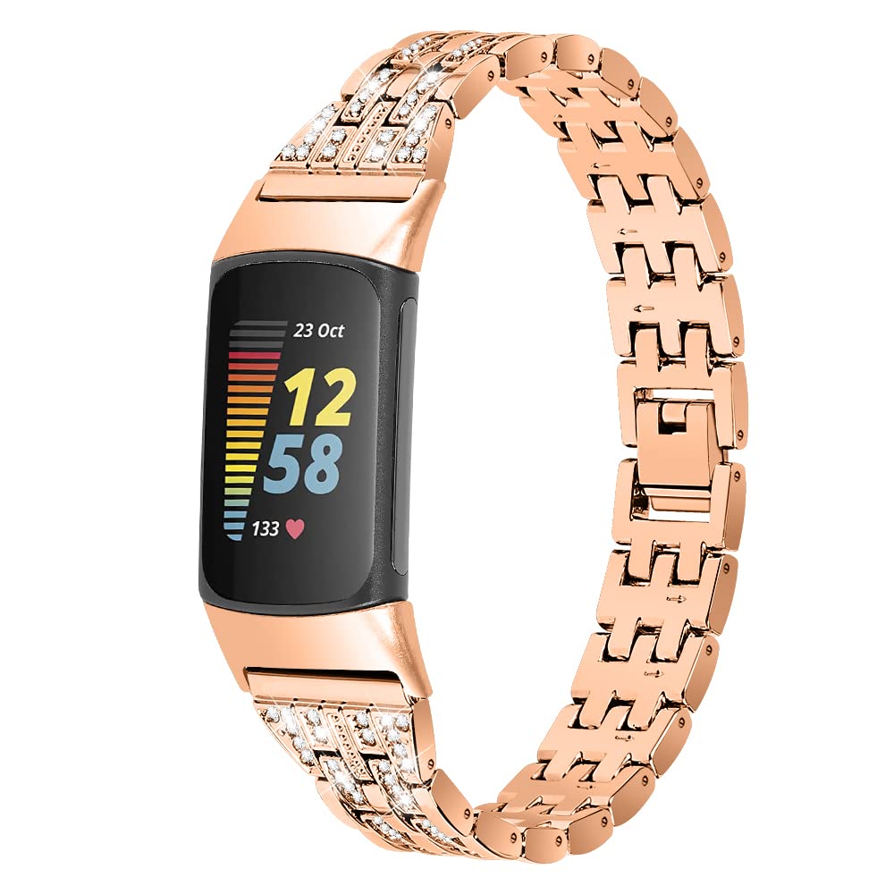 Gimuk Compatible with Fitbit Charge 5 Strap Stainless Steel Metal Bling Rhinestone Sport Replacement Wrist Strap Wristband Bracelet for Fitbit Charge 5 Silver Rose Gold Black (Rose Gold) — image 1