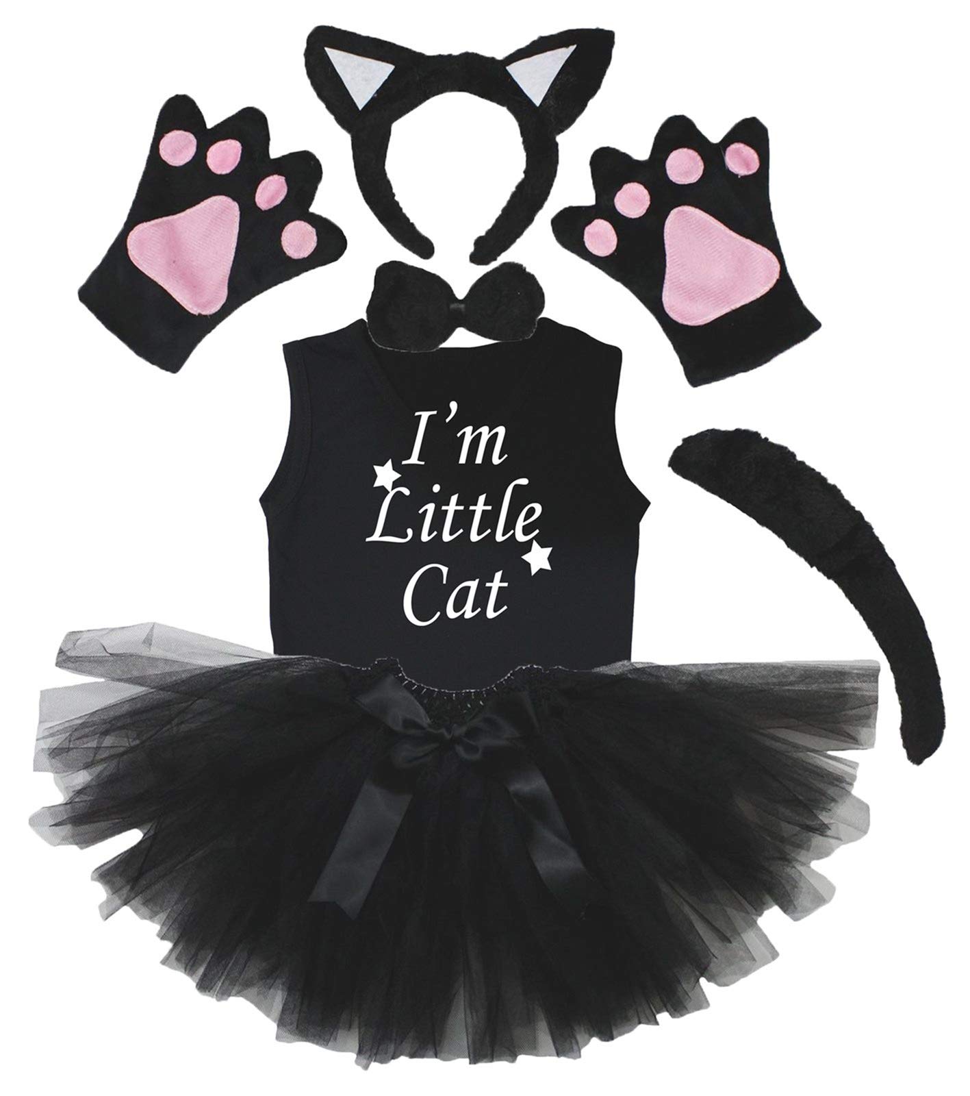Petitebelle Headband Bowtie Tail Gloves Shirt Skirt 6pc Girl Costume 1-8y (Black Cat, 3-4 Yr)