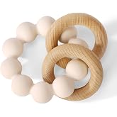 Socub Baby Teething Toys for 0-6 6-12 Months, BPA-Free, Shifting Sand | Food-Grade Silicone &amp; Natural Beech Wood Teether Ring for Newborn Infants Teething Relief- Easy-Grip Sensory Rattle Toys