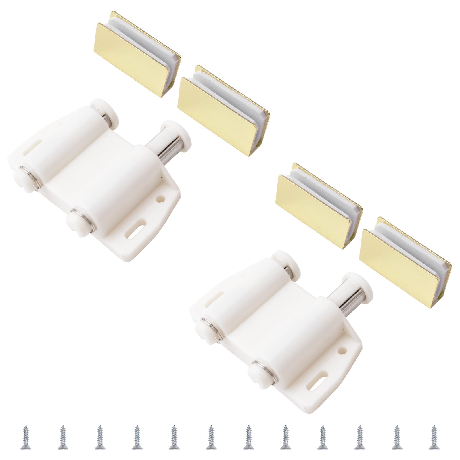 UFURMATE Glass Door Magnetic Catch Latch Closures, 2 Set Push Open Double Glass Door Magnetic Touch Latchs with Adjustable Cabinet Clamp, Fit for 3-6mm Free-Swinging Glass Door (Gold & White)