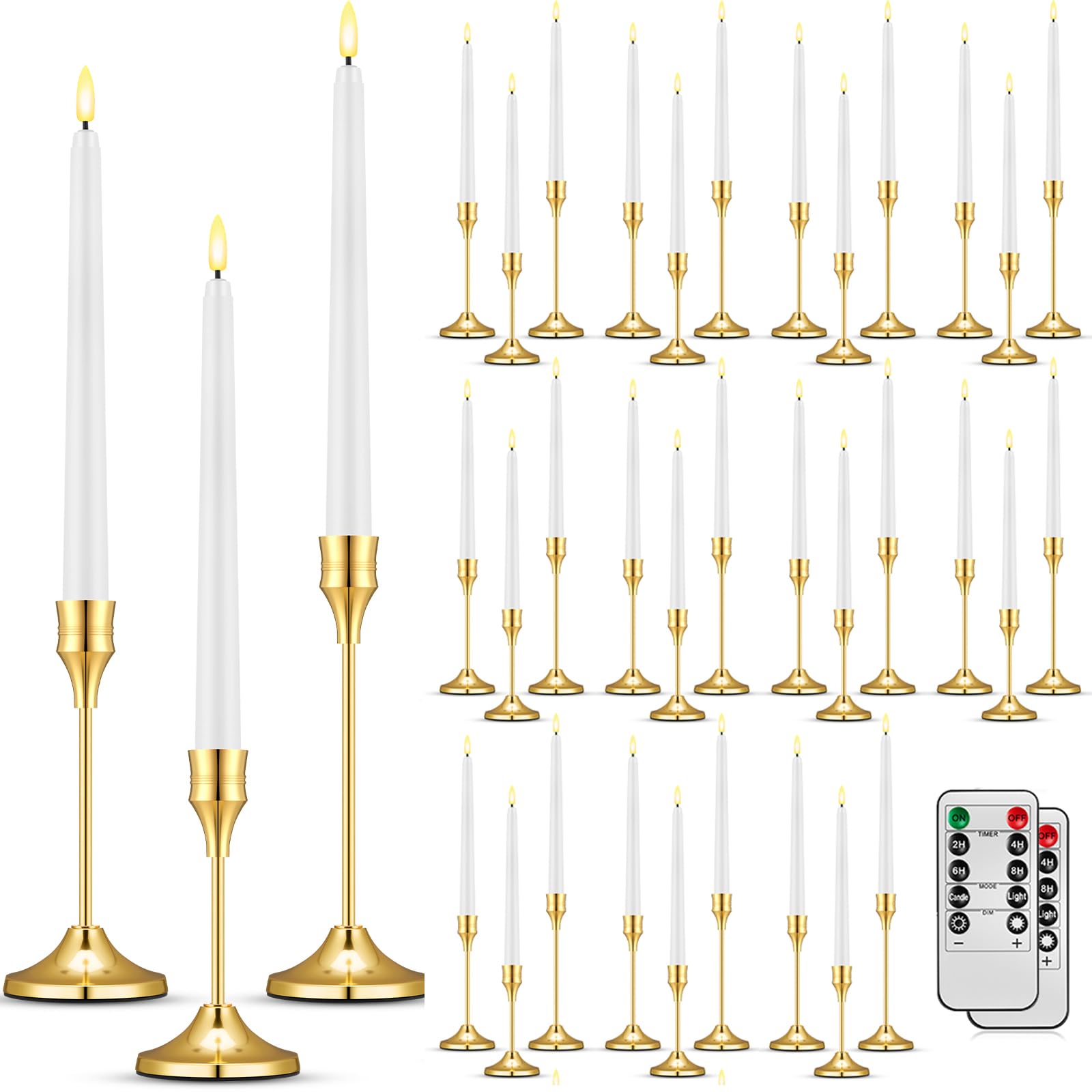 Photo 1 of Glooglitter 30 Set(60 Pcs) Gold Candle Holders with LED Flameless Taper Candles Bulk Include Metal Taper Candlestick Holder Battery Operated Flickering Candle with 2 Timer for Christmas Wedding GiftLPNPMFA4397005