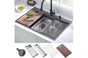 33 Inch Black Drop In Kitchen Sink Workstation-Hovheir 33x22 Drop In Kitchen Sink Double Ledge Workstation Black Stainless Steel Kitchen Sink 16 Gauge Deep Single Bowl Kitchen Sink with Cutting Board