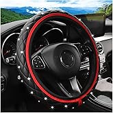 KHGUZ Bling Car Steering Wheel Cover, Non-Slip Elastic Stretch Leather Auto Steering Wheel Protector, Sparkling Diamond Vehicle Decor Accessories for Women Girls, Universal for Vehicles (Red)