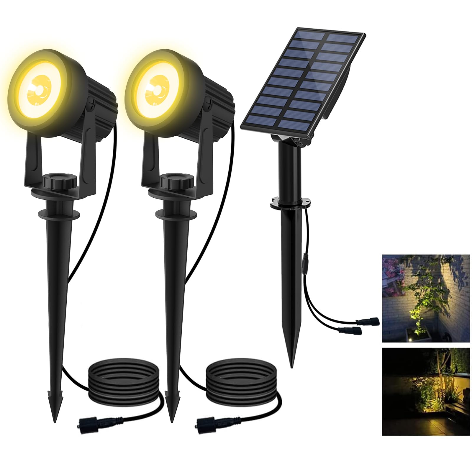 T-SUN 2W Solar Spotlights, IP65 Waterproof 9.8ft Cable Lenght 270° Angle Adjustable Auto On/Off with 2 Warm White Dual Spot Headlamp Garden Lamp Landscape Lamp for Tree,Patio, Yard, Garden