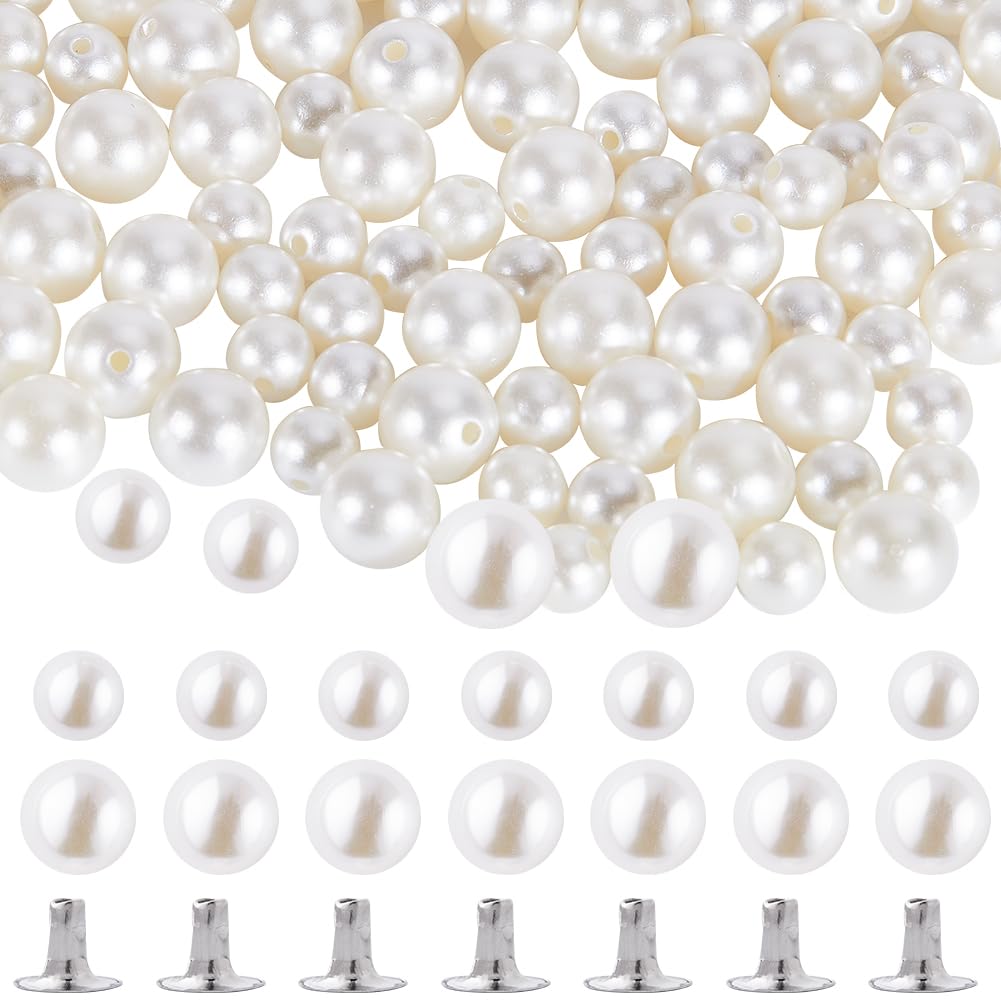 GORGECRAFT 1 Box 100 Set White Pearl Rivets 10mm 12mm Half Hole Faux Pearls Rivets Studs Buttons with Pins Kit Plastic Round Pearls Beads Embellishments for Clothing Hat Bags Hairband Shoe DIY Crafts