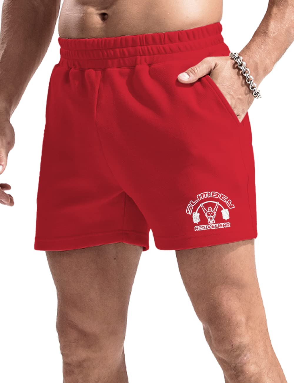 Men's Sport Bodybuilding Shorts 5" Inseam Inside Drawstring Closure Red M