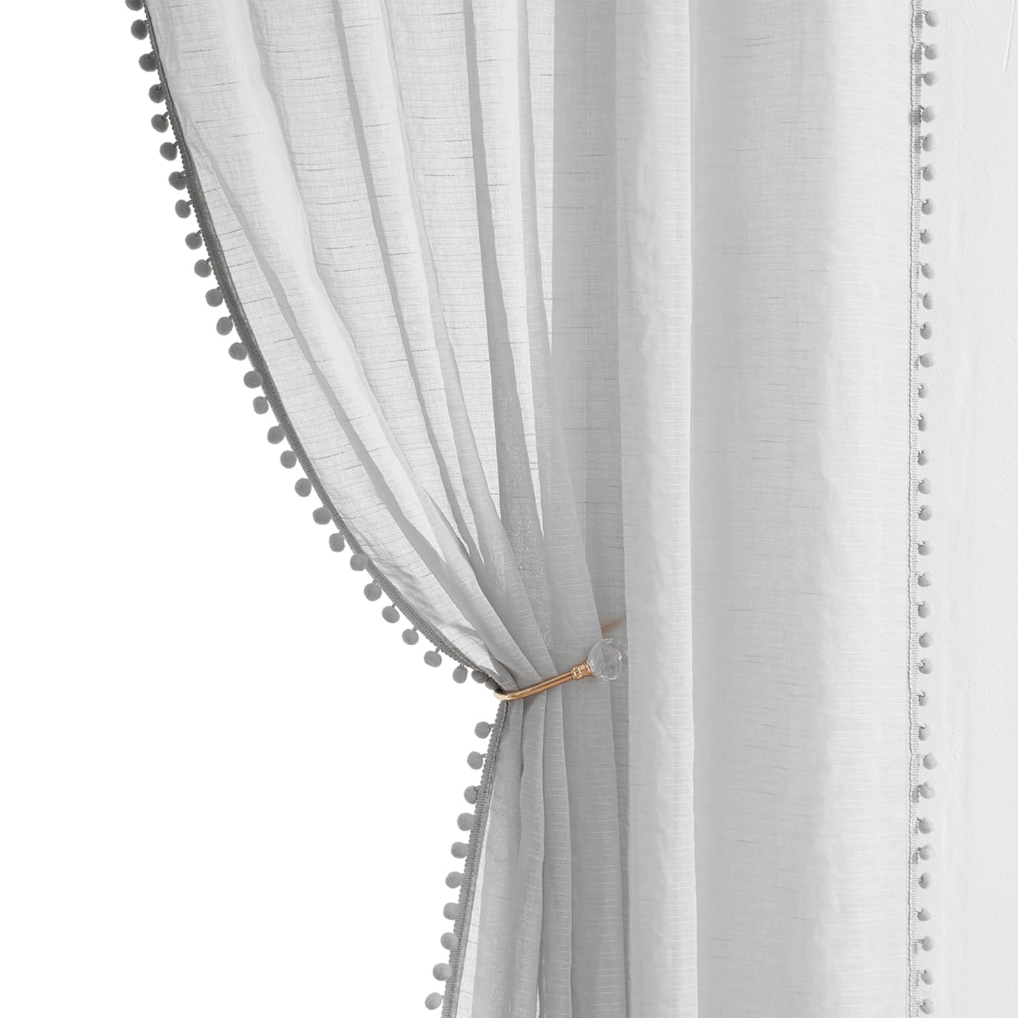 Pom Pom Sheer Grey Curtains for Living Room 52 x 72 Inch Girls Bedroom Pencil Pleat Light Filtering Semi Sheer Voile Curtains Cute Boho Linen Textured Curtain Drapes for Kids Nursery, 52" W 1 Pair