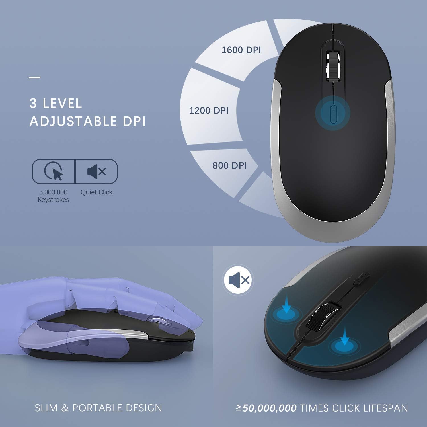 Wireless Keyboard and Mouse, Jelly Comb 2.4GHz Ultra Thin Full Size Wireless Keyboard Mouse Combo Set with Number Pad for Computer, Laptop, PC, Desktop, Notebook, Windows 7, 8, 10 (Black and Silver): Computers & Accessories