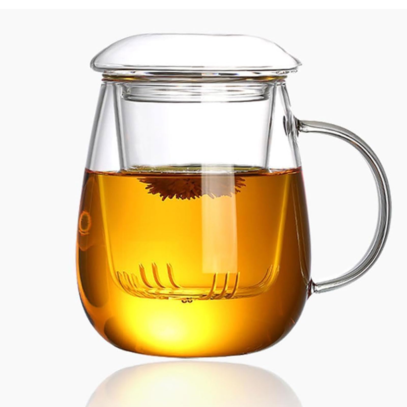 YAZEDLOP Clear Glass Tea Cup with Glass Lid and Infuser 400ml Large Glass Mugs for Loose Tea or Tea Bags