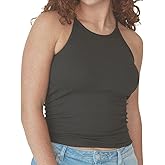 Klassy Network Ribbed High Neck Brami Tank-Top for Women - Built-in Bra Racerback Full Length Tank with Straps